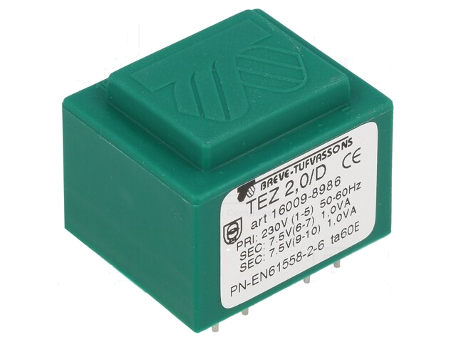 Transformator: ingegoten; 2VA; 230VAC; 7,5V; 7,5V; 133,3mA; 133,3mA Transformator: ingegoten; 2VA; 230VAC; 7,5V; 7,5V; 133,3mA; 133,3mA